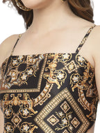POPWINGS Polyester Casual Printed Satin Scarf Knot Style Latest Stylish Crop Top for Women || Square Neck Sleeveless for Summer Black Golden, Regular Fit, Medium