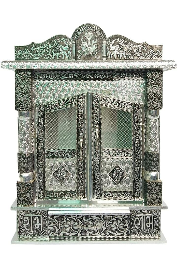 Suhanika Crafters Wooden Pooja Mandir With Copper Aluminum Accents | Big Size Temple for Home, Office, Room | Dev Ghar Sagache Mantapa (X-Large 9X15 Inches)