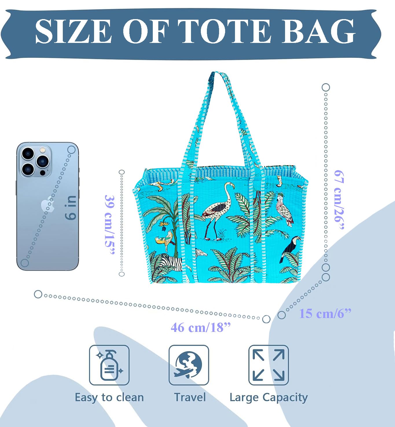 Rastogi Handicrafts Quilted Cotton Women Beautiful Printed Grocery Shopping Bag, Shoulder Bag, Tote Bag, Travel Bags, Turquoise, 18X6X15 Inch