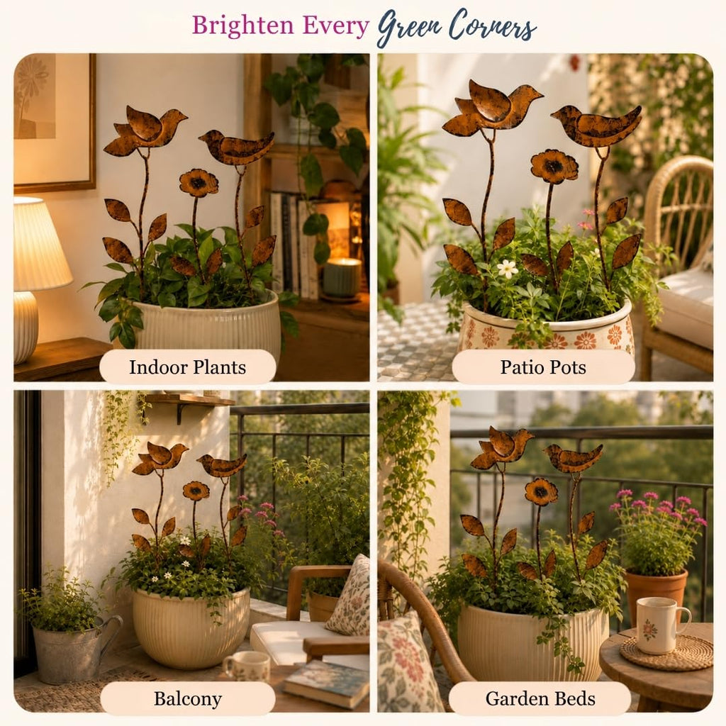 ATRANGI STUDIO Birdie Bloom Garden Stake - Set of 3| Handcrafted by Rajasthan artisans | Boho Garden/Balcony Decor | Easy to use in pots, patios, lawns | Multicolour