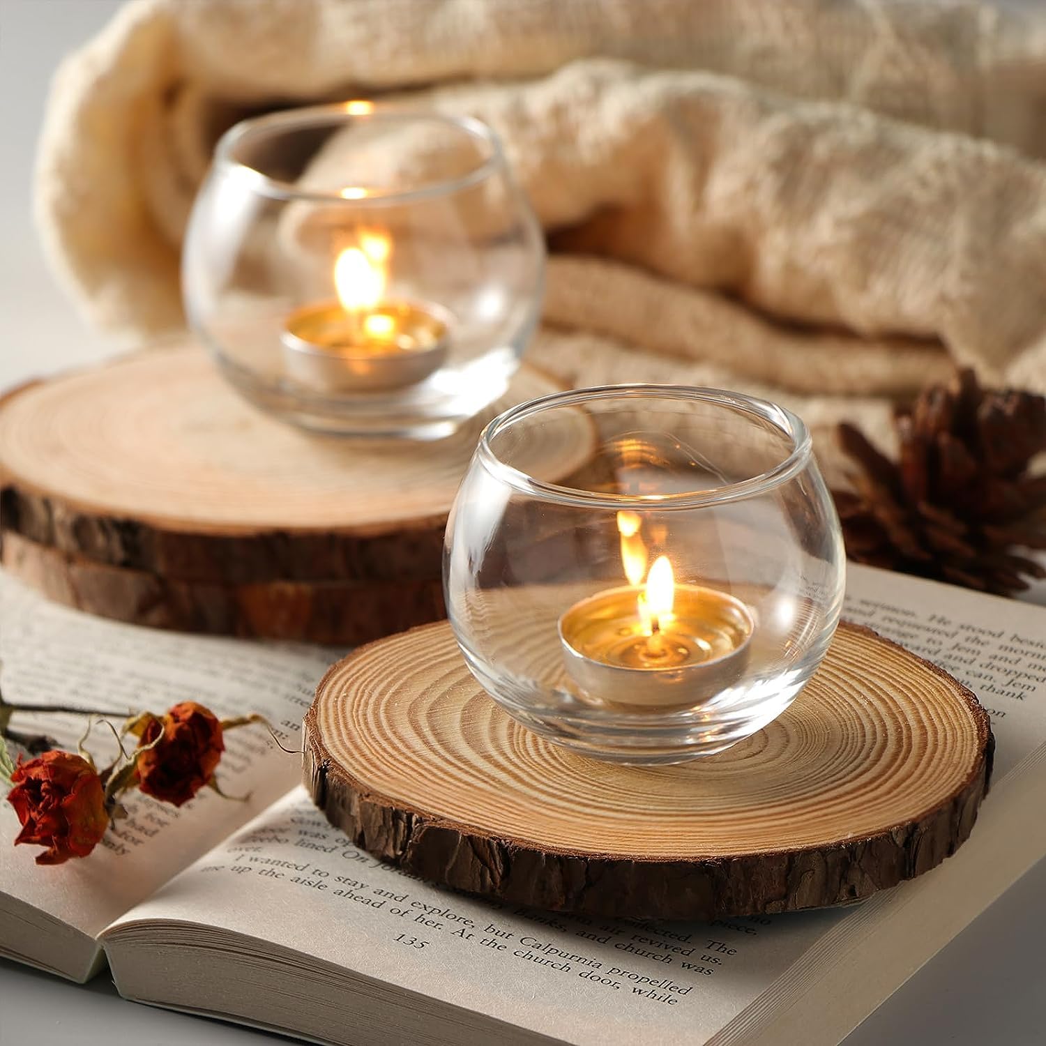 Mahganya Glass Tealight Candle Holders Decorative Items for Home Christmas and Diwali Set of 2 (Clear)