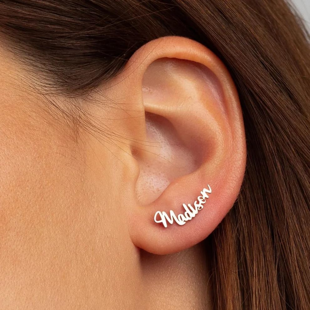 Customised Name Earrings for Women & Girls | Custom Script Name Stud Earrings | Gold Plated Personalized Jewelry | Handmade Custom Name Earring Gift for Birthday Anniversary