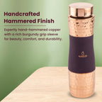 AURASHIE Pure Copper Drinkware Gift Set of 1 Bottle & 2 Glasses with Box | Pure Hammered Copper Drinkware | Gift Set for Birthday, Parties, Weddings & Festivals (Bergandi Grip Sleeve)