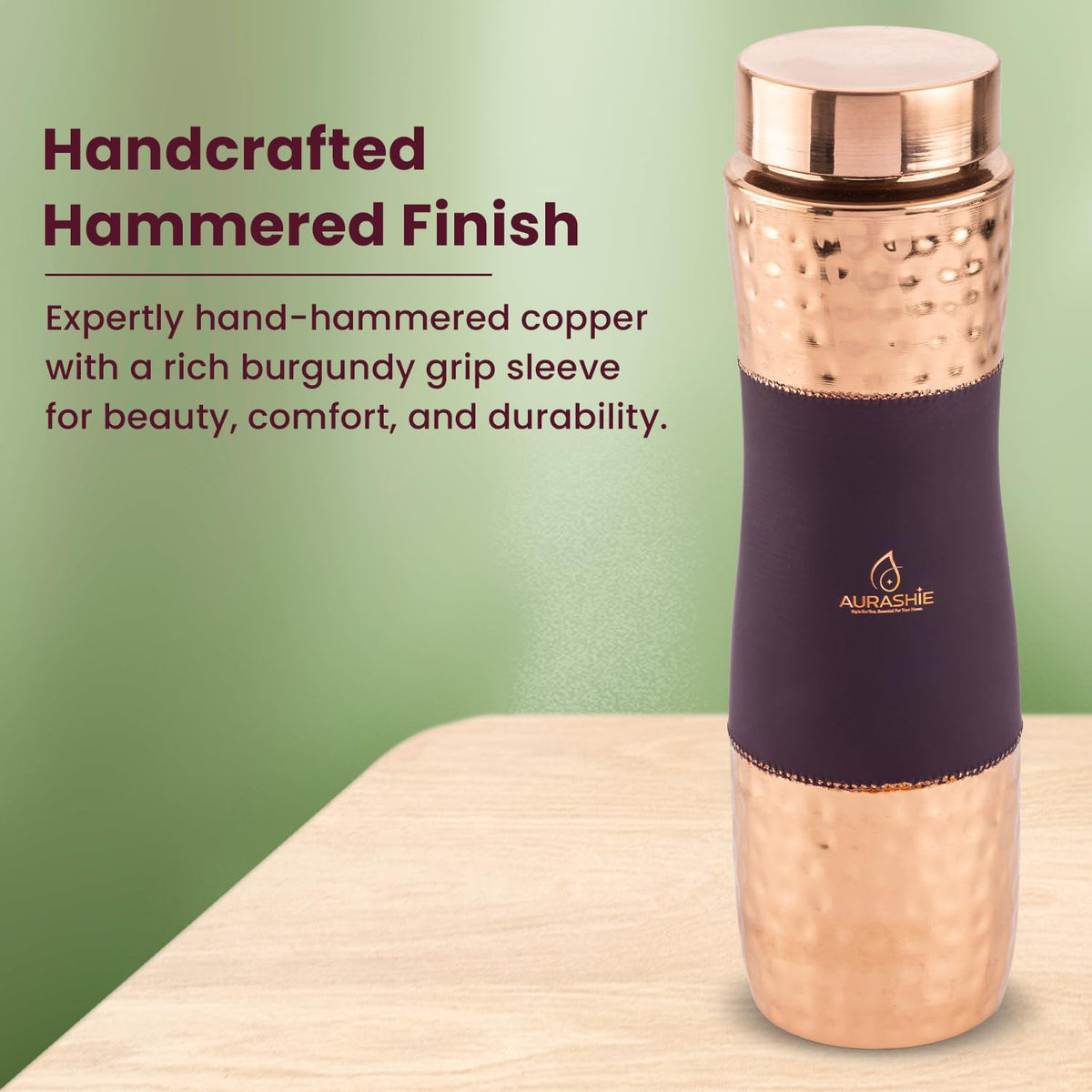 AURASHIE Pure Copper Drinkware Gift Set of 1 Bottle & 2 Glasses with Box | Pure Hammered Copper Drinkware | Gift Set for Birthday, Parties, Weddings & Festivals (Bergandi Grip Sleeve)