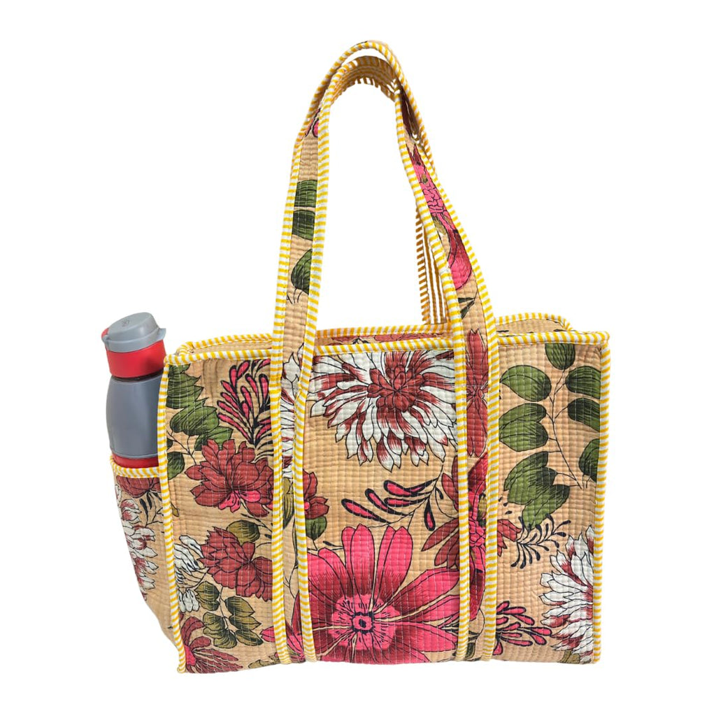 The House of RajPadmini Floral Quilted Cotton Shopping Tote Bag, 16x16 inches, Striped Trim, External Bottle Pocket (Floral Beige)