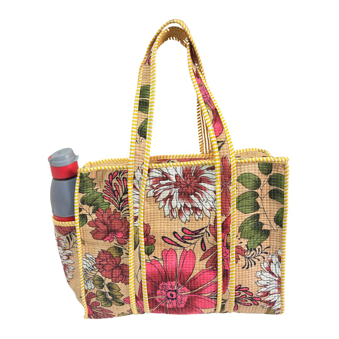 The House of RajPadmini Floral Quilted Cotton Shopping Tote Bag, 16x16 inches, Striped Trim, External Bottle Pocket (Floral Beige)