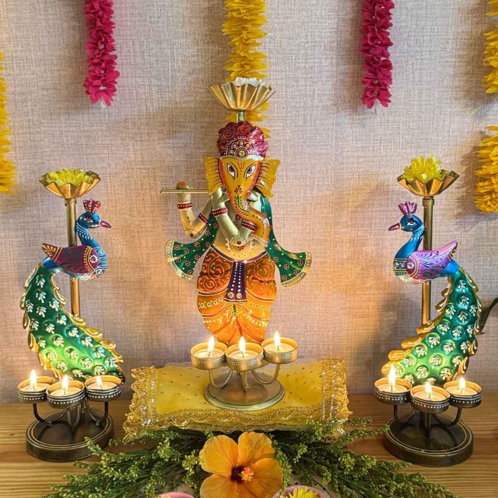 ATRANGI STUDIO Ganesha & Peacock Iron Tealight Holder | Handcrafted Festive Decor | Designer Tealight Candle Holder | Hold 3 tealight Candles | Perfect for Pooja Shelf, Side Table & Gifting | 13 Inch