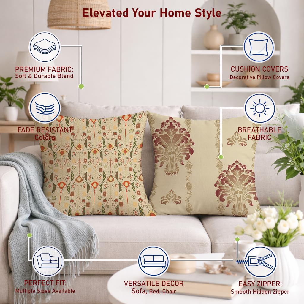 STITCHNEST Set of 2 Royal Damask & Ikat Collection Printed Jute Cushion Covers 16x16 Inches | Ethnic Decorative Throw Pillow Covers for Sofa, Living Room & Bedroom | Premium Home Decor