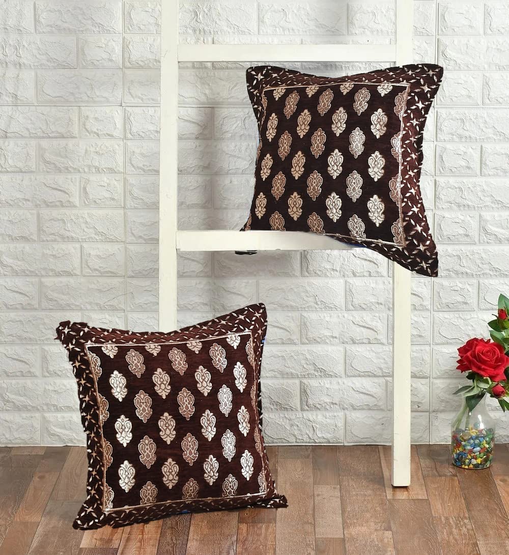 DECOMIZER Jacquard Geomteric Cushion Covers 24 Inch X 24 Inch Set Of 2 Ethnic Motifs 240 TC Cushion Covers,Design- Ambi,Color- Coffee