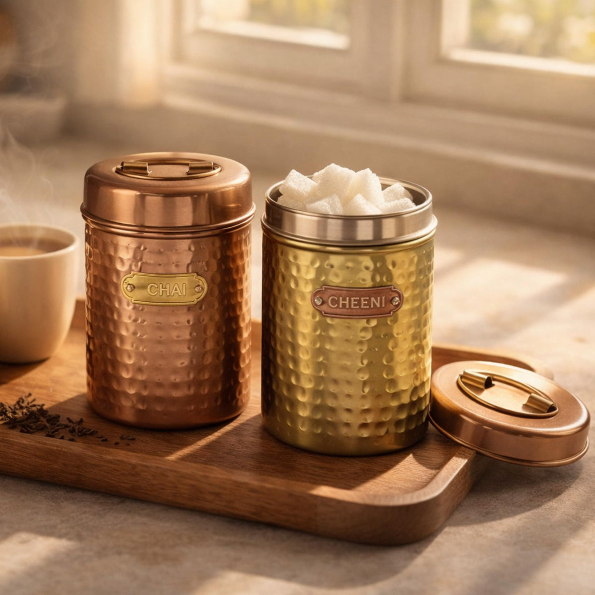 Elan Dabbahs and Days Stainless Steel Round Chai & Cheeni Canister Jar for Tea Sugar Coffee and Snacks Stylish Food Safe Storage Jar For Grocery (800 ml each, Set of 2, Copper and Antique Gold Finish)