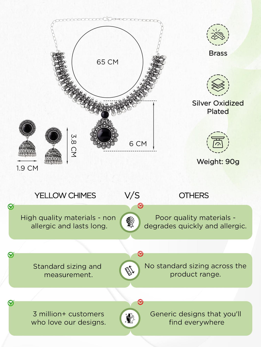 Yellow Chimes Oxidized Silver Kolhapuri Necklace Set with Jhumka Earrings Jewellery Set for Women (Oxidized Silver, Black) (YCTJNS-01CHOKR-BK)