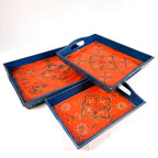 Apkamart The Online Shop Handicraft Serving Tray - Set of 3 - Hand Crafted Decorative Wooden Tray for Table Decor, Home Decor, Dining and Serving and Gifts
