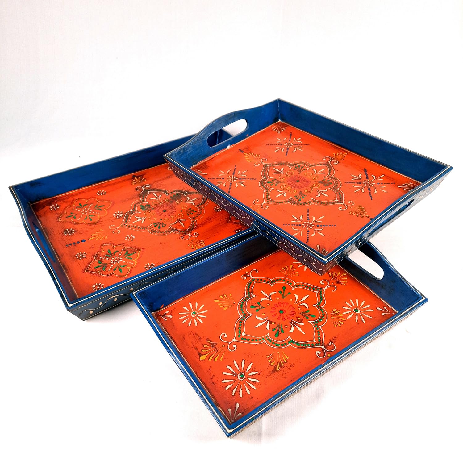 Apkamart The Online Shop Handicraft Serving Tray - Set of 3 - Hand Crafted Decorative Wooden Tray for Table Decor, Home Decor, Dining and Serving and Gifts