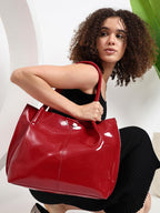 Carrylux Women's Casual Patent Synthetic Leather Tote Bag, Handbag for Ladies (Red)