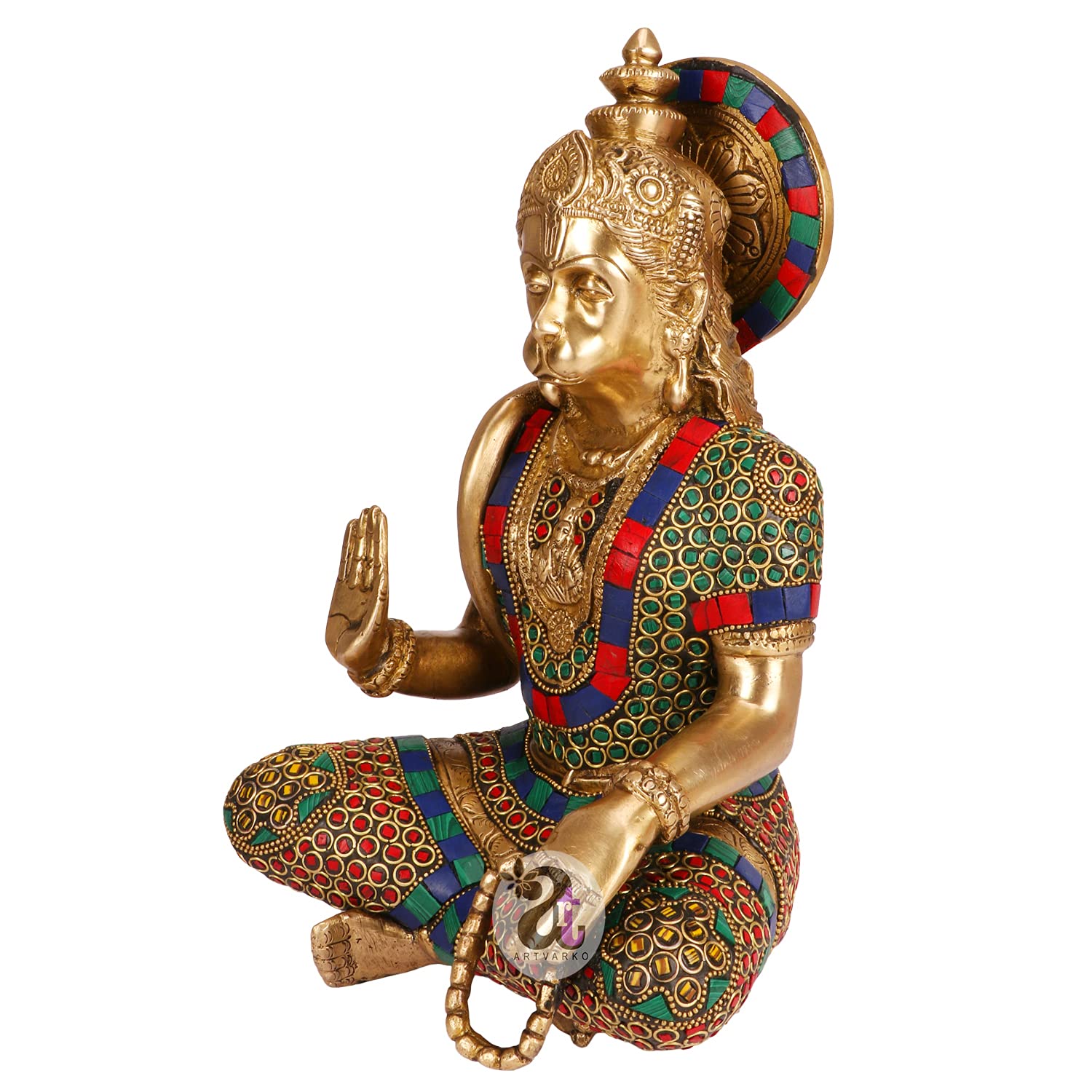 Artvarko Brass Hanuman Idol Multicolor Stone Handwork | Bajrang Bali Sitting Blessing Meditation for puja Sculpture Diwali Decor Gifts Height 11 Inches