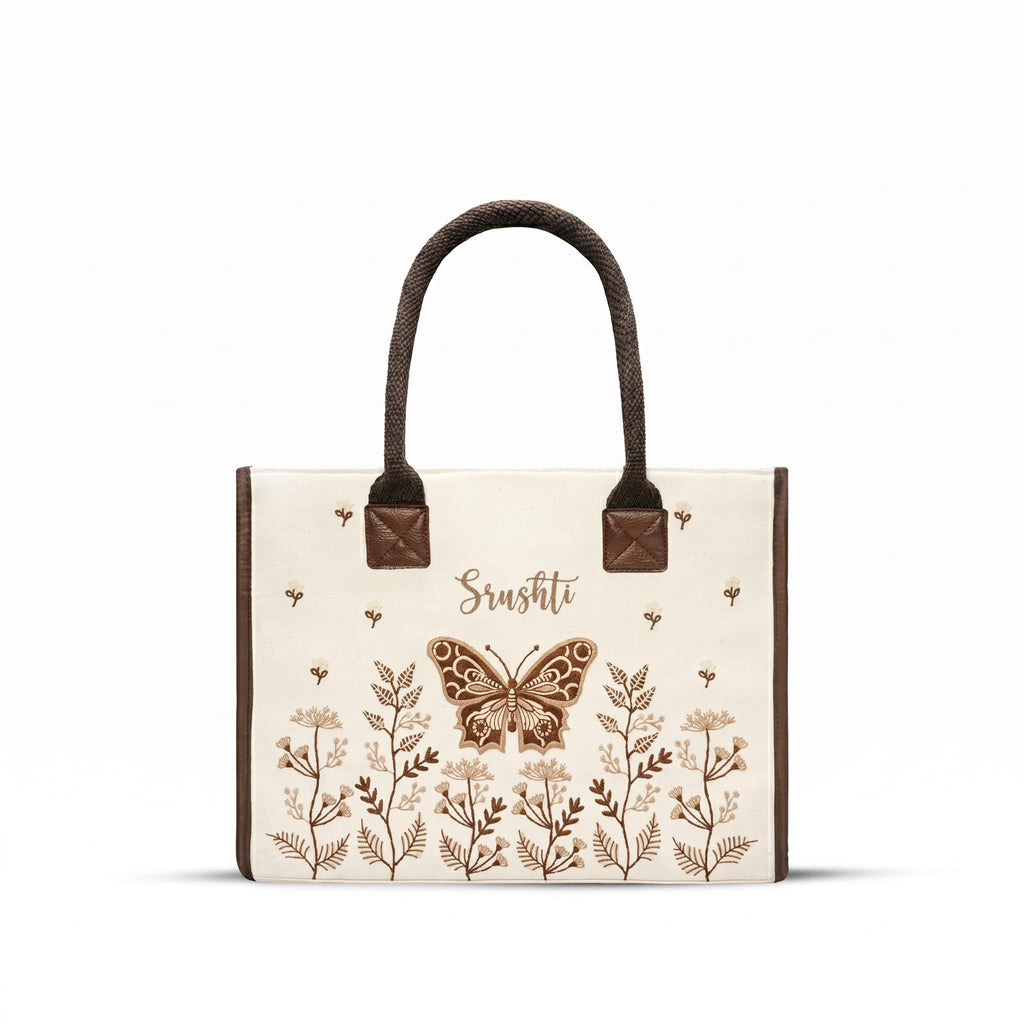 ECOCARRY Box Tote Bag for Women | Stylish Casual Shoulder Embroidered Cotton Canvas Hand Bag | Ladies Handbags for College Girls, Office Daily Use, Beach, Shopping, Travel | Off White Butterfly