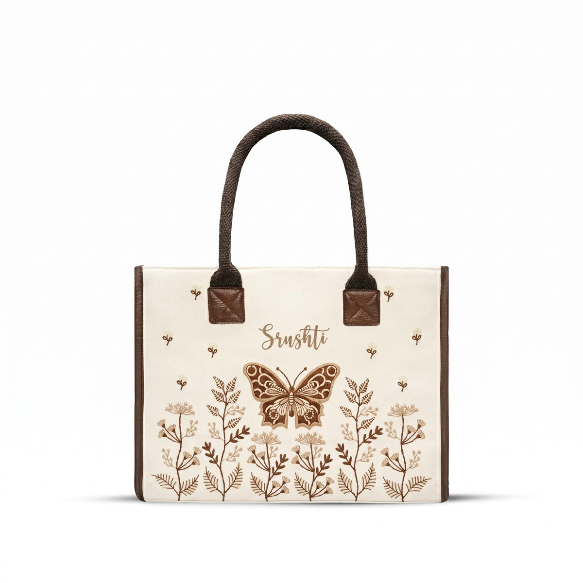 ECOCARRY Box Tote Bag for Women | Stylish Casual Shoulder Embroidered Cotton Canvas Hand Bag | Ladies Handbags for College Girls, Office Daily Use, Beach, Shopping, Travel | Off White Butterfly