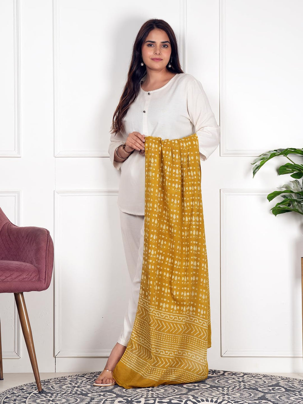 RAI SAHAB Printed Cotton Scarf for Women, Lightweight Soft Scarves Stoles for Summer & Winter(ST-36BYELLOW)