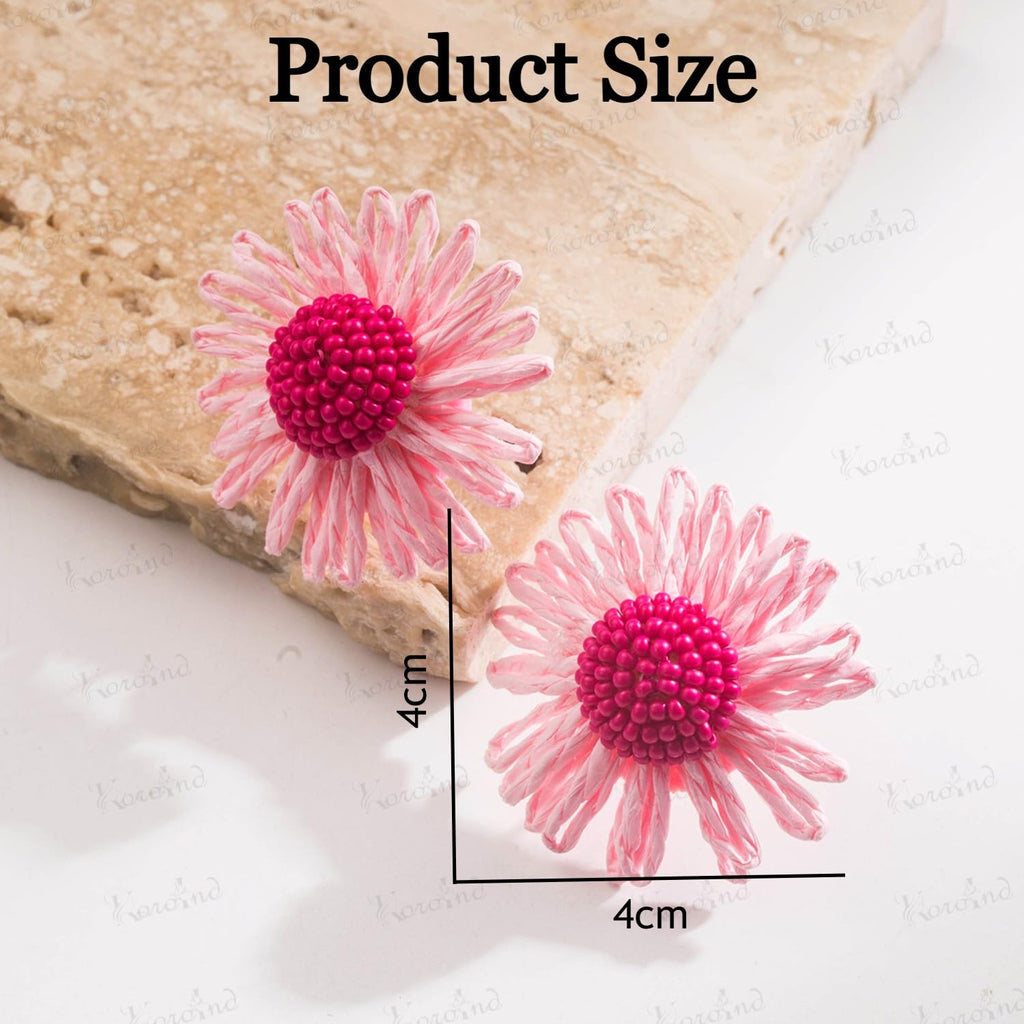 KOROIND Handmade Flower Earrings for Women & Girls | Bohemian Daisy Floral Stud Earrings | Lightweight Woven Raffia Statement Earrings | Beaded Center Summer Beach Vacation Party Fashion Jewelry