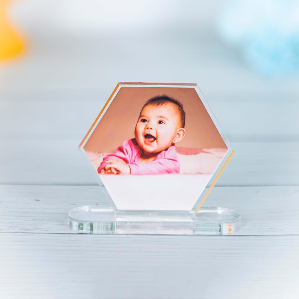 UPAHARAM Customized Acrylic Car Dash Plaque | 5mm Thick Car Dashboard with Your Custom Photo, Size: 10 * 11 * 3 inches| HD UV Printing Customized Photo Frame | Car Accessories Gift (Hexagonal)