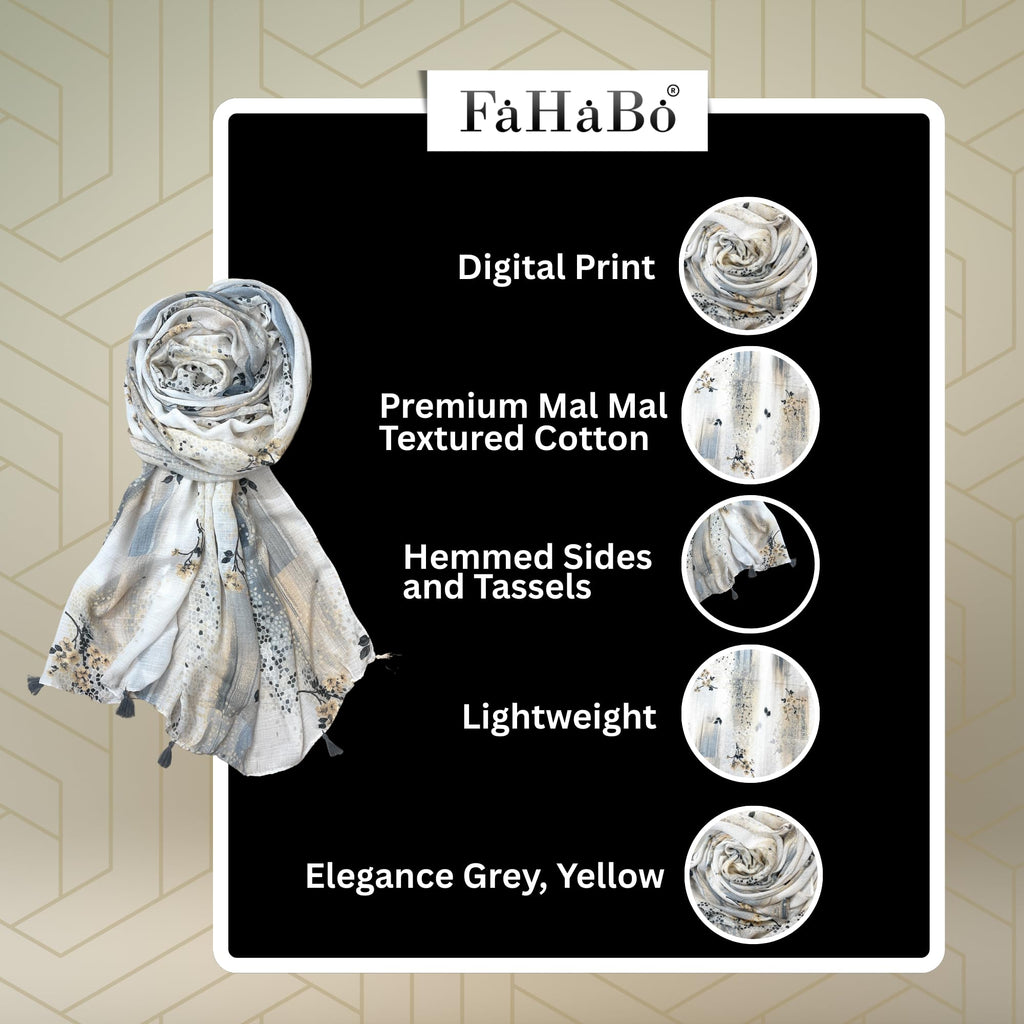 FAHABO Scarf Woman Floral Print Premium Mal Mal Textured Cotton Scarves with Tassels | Hijab Scarf | Headscarf | Neck Scarf | Stoles | Wraps | Size 71 L x 33 W (Elegance Grey, Yellow)