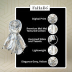 FAHABO Scarf Woman Floral Print Premium Mal Mal Textured Cotton Scarves with Tassels | Hijab Scarf | Headscarf | Neck Scarf | Stoles | Wraps | Size 71 L x 33 W (Elegance Grey, Yellow)