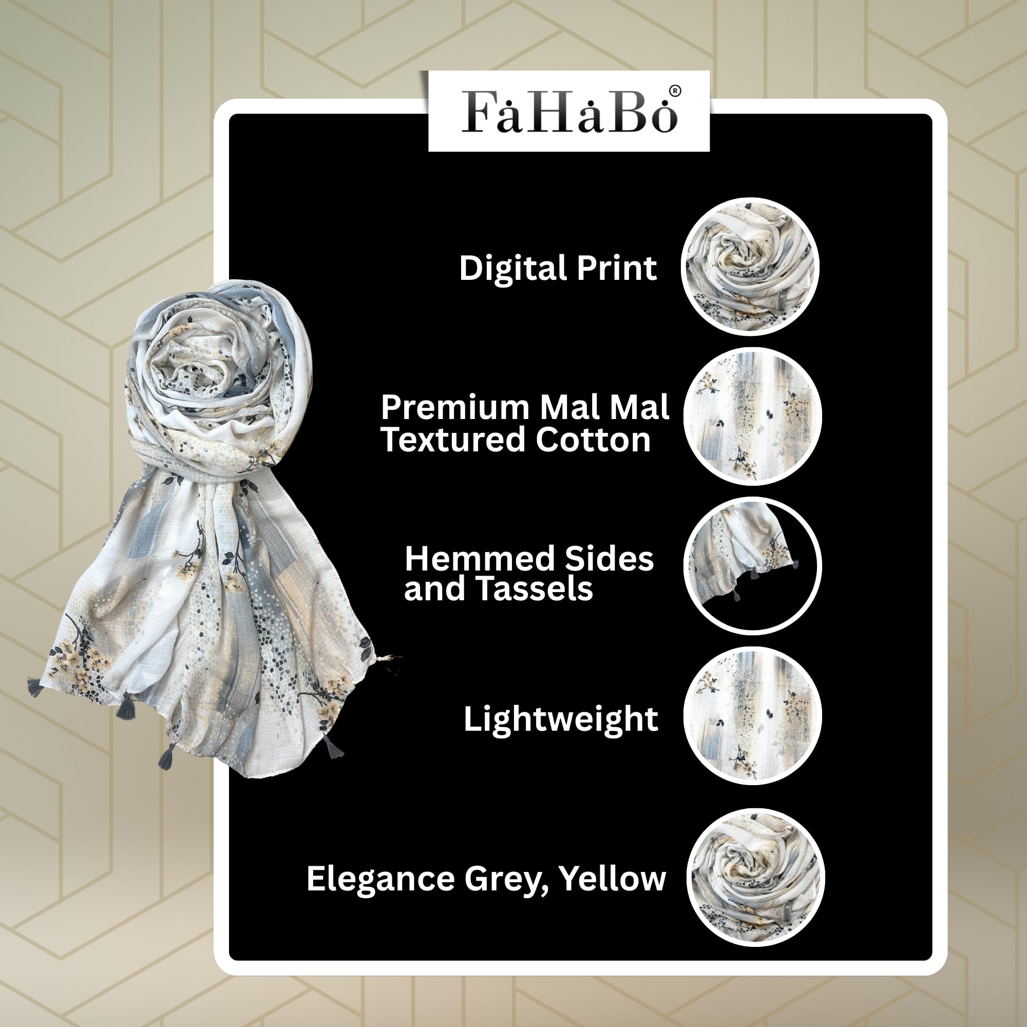 FAHABO Scarf Woman Floral Print Premium Mal Mal Textured Cotton Scarves with Tassels | Hijab Scarf | Headscarf | Neck Scarf | Stoles | Wraps | Size 71 L x 33 W (Elegance Grey, Yellow)