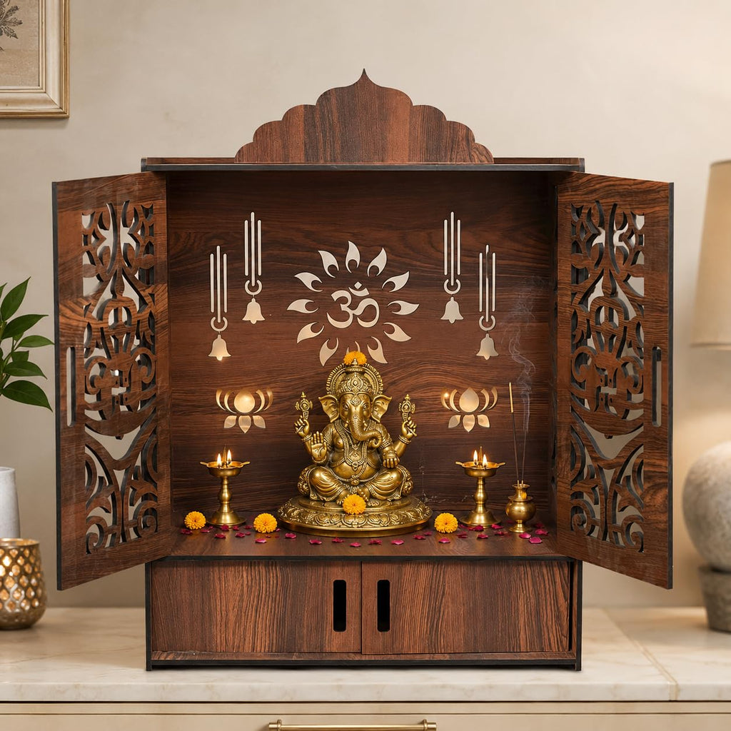 The Castle Decor Wooden Mandir for Home, Wall Hanging & Tabletop Pooja Temple with Double Doors, Om & Lotus Cutwork, Storage Cabinet, Dark Walnut MDF for Pooja Room, 10.6 x 20 x 16.7 Inch (Design-2)