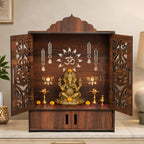 The Castle Decor Wooden Mandir for Home, Wall Hanging & Tabletop Pooja Temple with Double Doors, Om & Lotus Cutwork, Storage Cabinet, Dark Walnut MDF for Pooja Room, 10.6 x 20 x 16.7 Inch (Design-2)