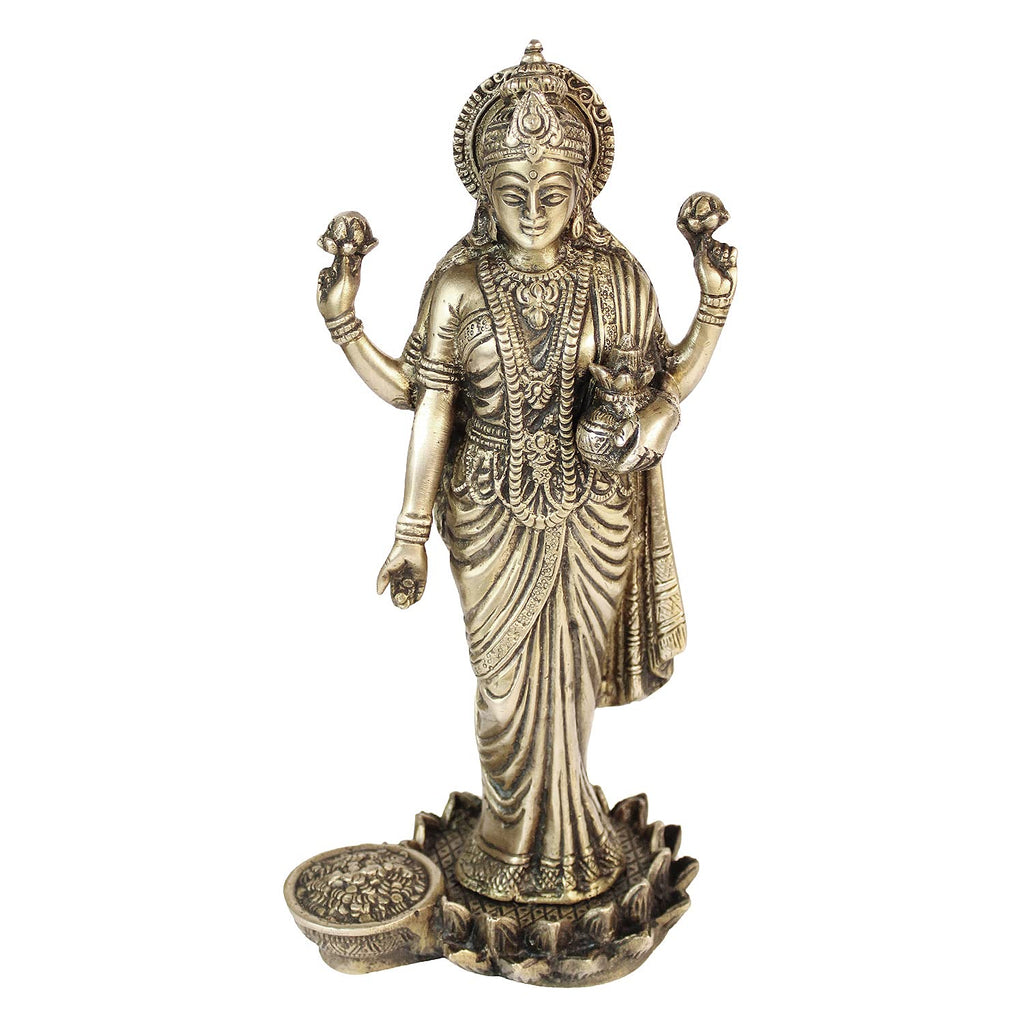 ARTVARKO Goddess Maa Laxmi Idol Lakshmi Brass Statue Luxmi Murt Standing on Lotus Height 10 Inches