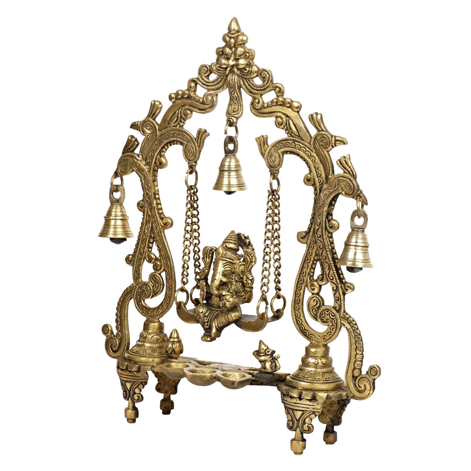 SVARUP Brass Ganesha On Jhoola Swing with Hanging Bells and Diya Showpiece Ganesh Ganpati Jhula for Home Office Temple Puja Décor Gift Height 14 Inch