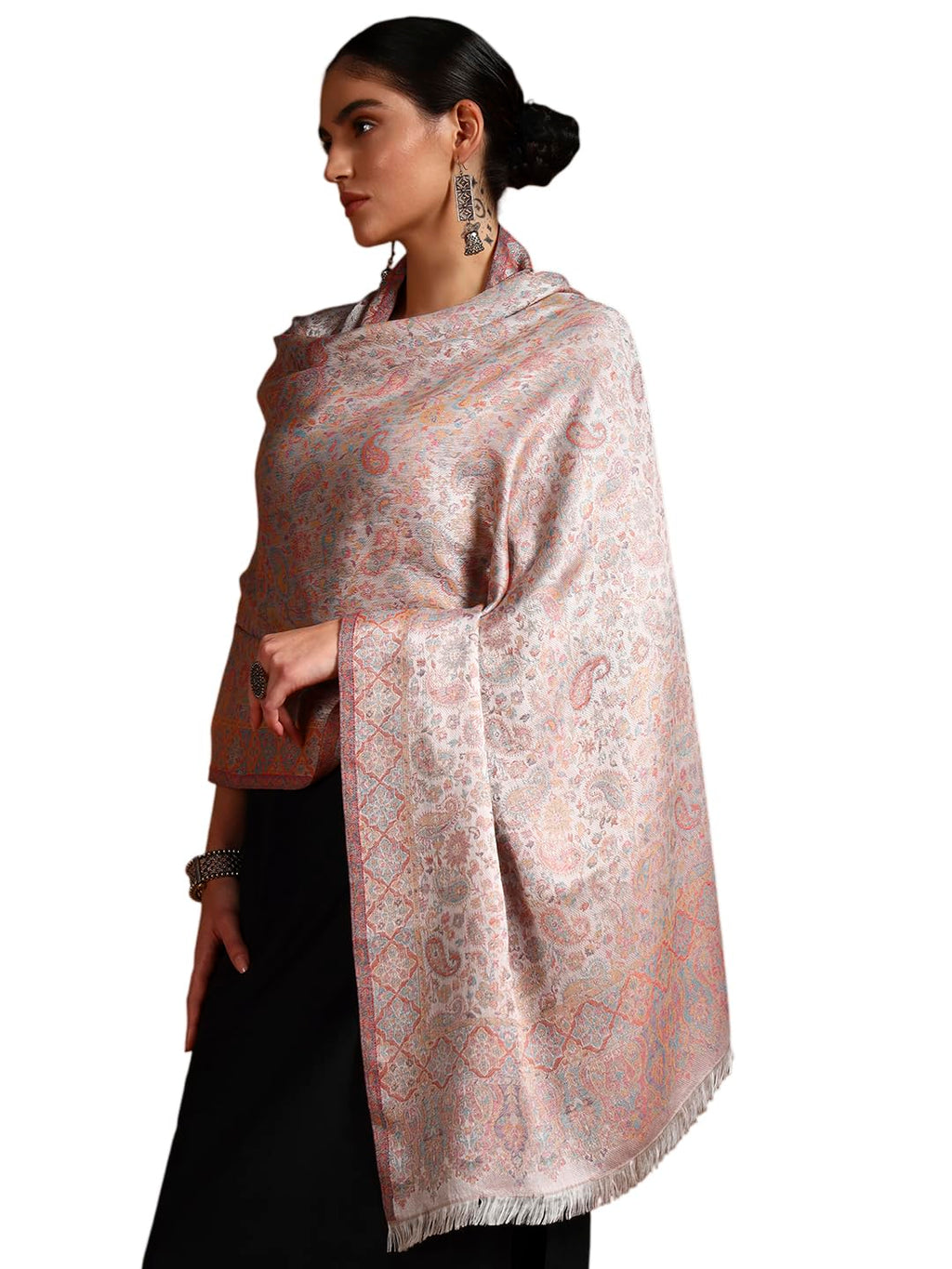 Pashmoda Women Chandni Kaani Stole, Authentic Kashmiri Luxury Pashmina Style Shawl, Stole, (Size 28x80 Inches, White Color) MAVST07
