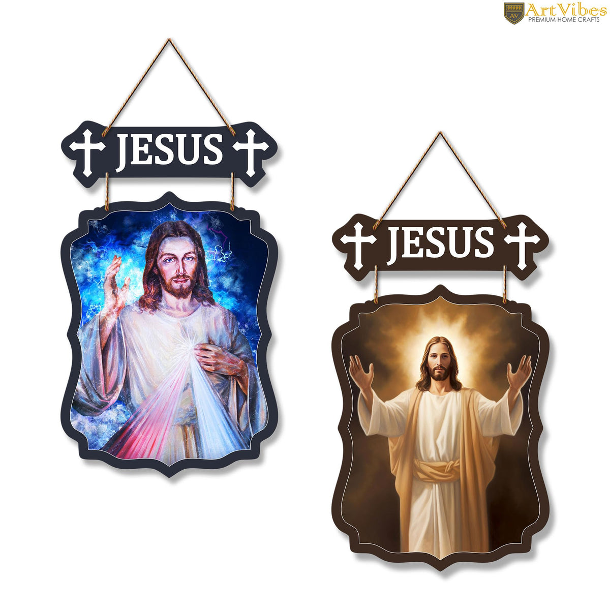 Artvibes Jesus Christ Designer Wooden Wall Hanging Decoration Items for Home Decor | Spiritual Decor Items | Religious Wall Art | Wall Poster | Modern Decor Items | Unique Gift (WH_9718N), Set of 2