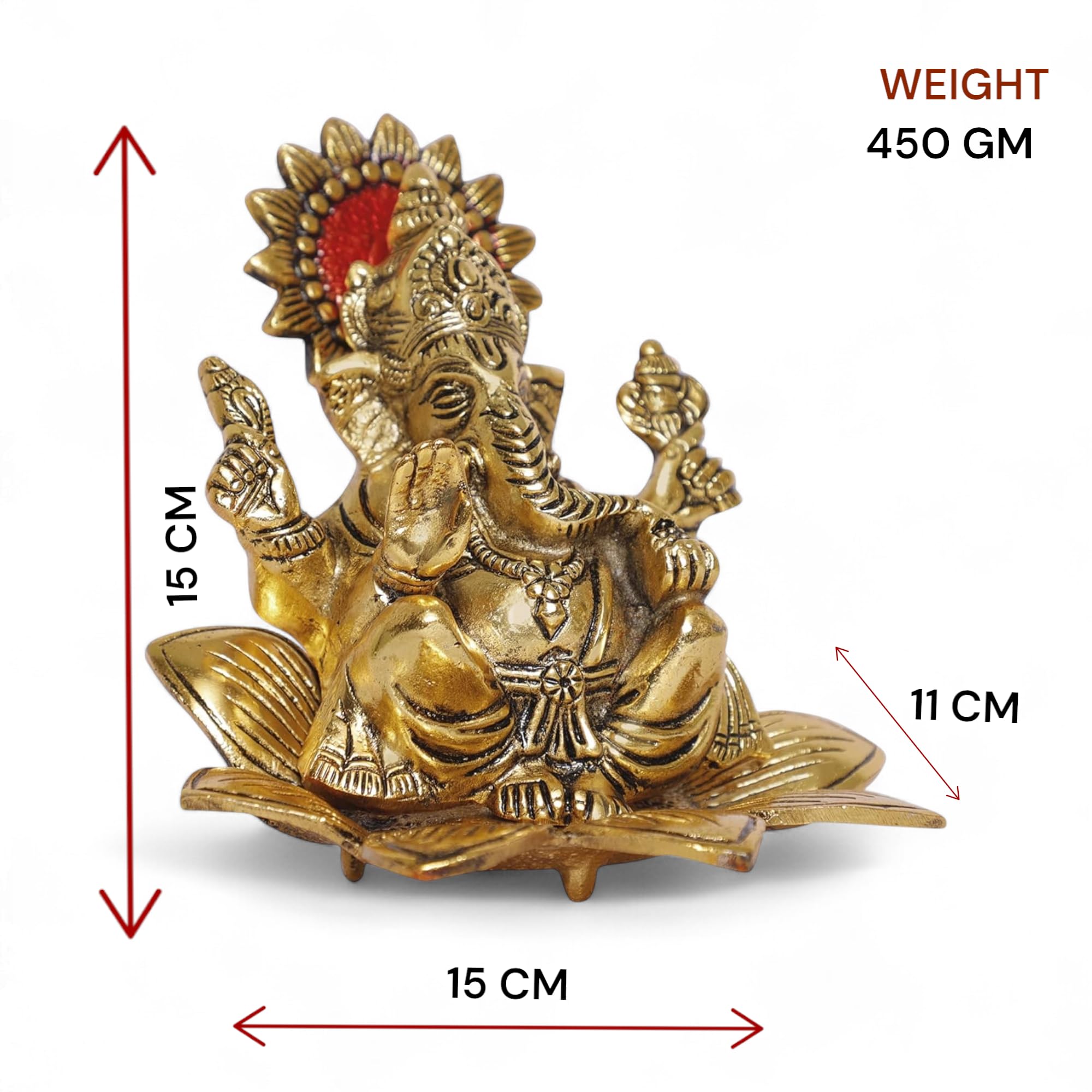 KridayKraft Metal Ganesh Sit On Flower Gold Color Leaf for Pooja,Home,Office Decorative for Table and Gift for Have House Warming Anniversaries, Birthday, Wedding Gifts