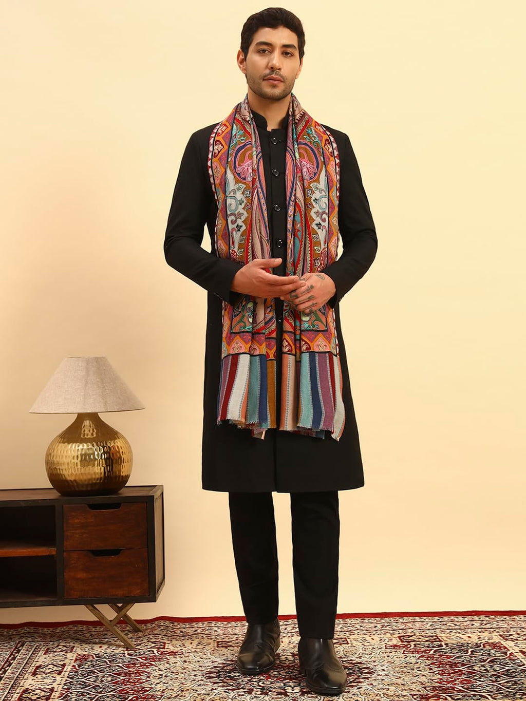 Pashmoda Men Rangdil 100% Pure Wool Fabric Kalamkari Embroidered Stole (Size-28x80in, 71x203cm) MKAST02