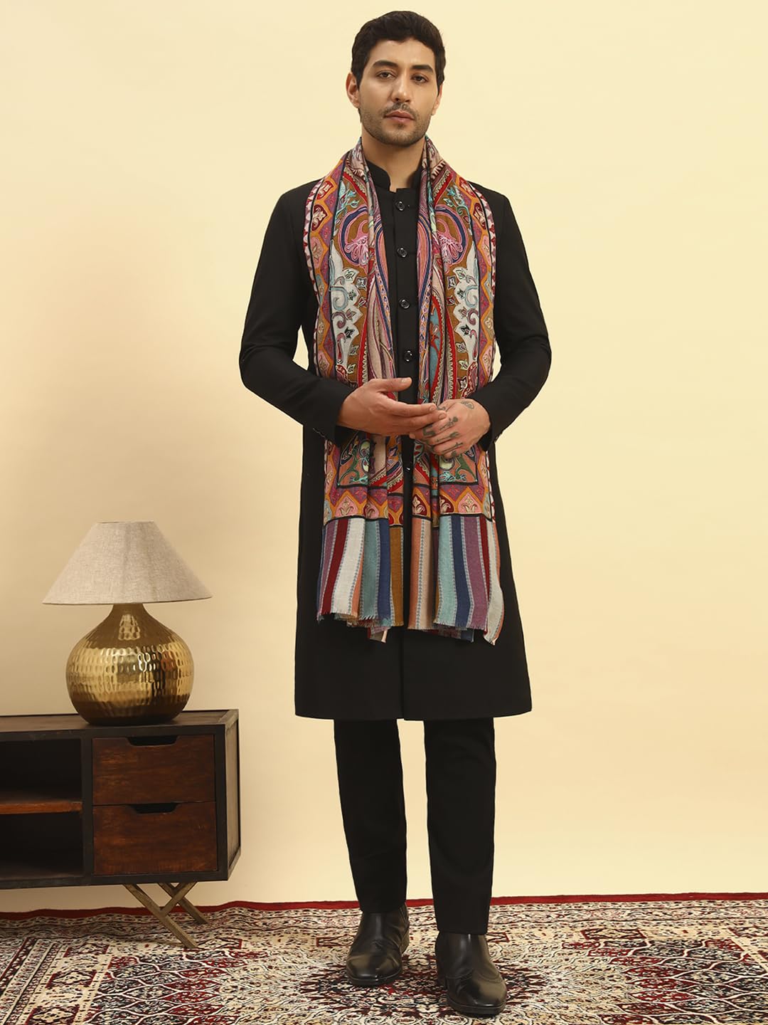 Pashmoda Men Rangdil 100% Pure Wool Fabric Kalamkari Embroidered Stole (Size-28x80in, 71x203cm) MKAST02