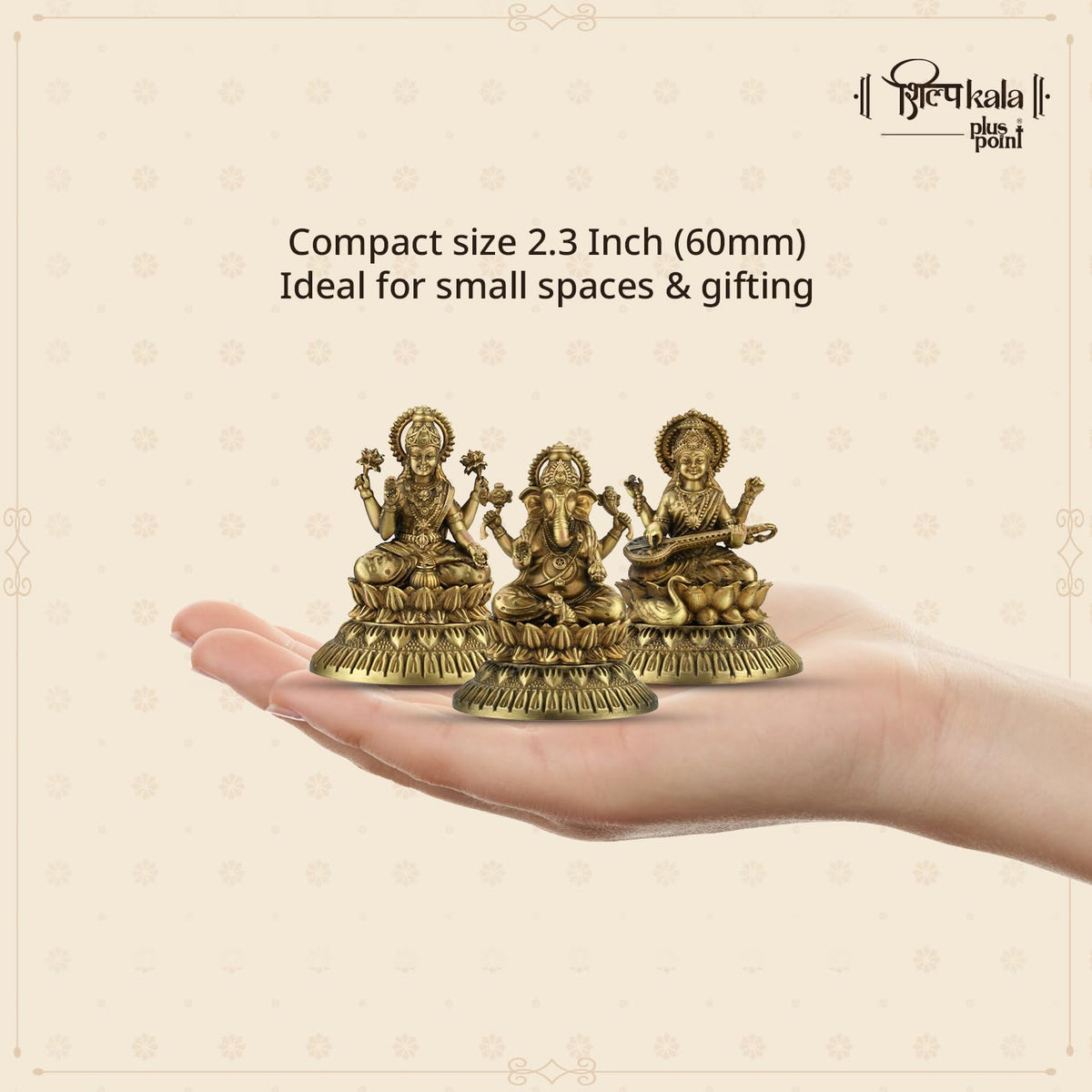 Shilpkala 2.3 Inch Brass Ultra Fine Ganesh, Laxmi & Saraswati Ji Brass Idol (Statue, Murti) for Table, Home & Office Decor, Worship & Gift