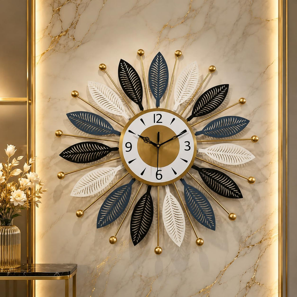 Mahira Artefacts Luxury Modern Metal Leaf Wall Clock for Living Room Decor, Silent Non-Ticking Large Decorative Wall Clock with Gold Finish
