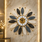Mahira Artefacts Luxury Modern Metal Leaf Wall Clock for Living Room Decor, Silent Non-Ticking Large Decorative Wall Clock with Gold Finish