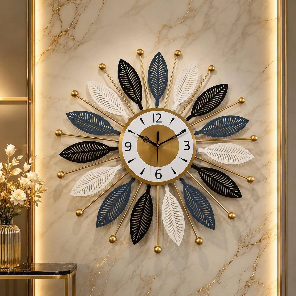 Mahira Artefacts Luxury Modern Metal Leaf Wall Clock for Living Room Decor, Silent Non-Ticking Large Decorative Wall Clock with Gold Finish
