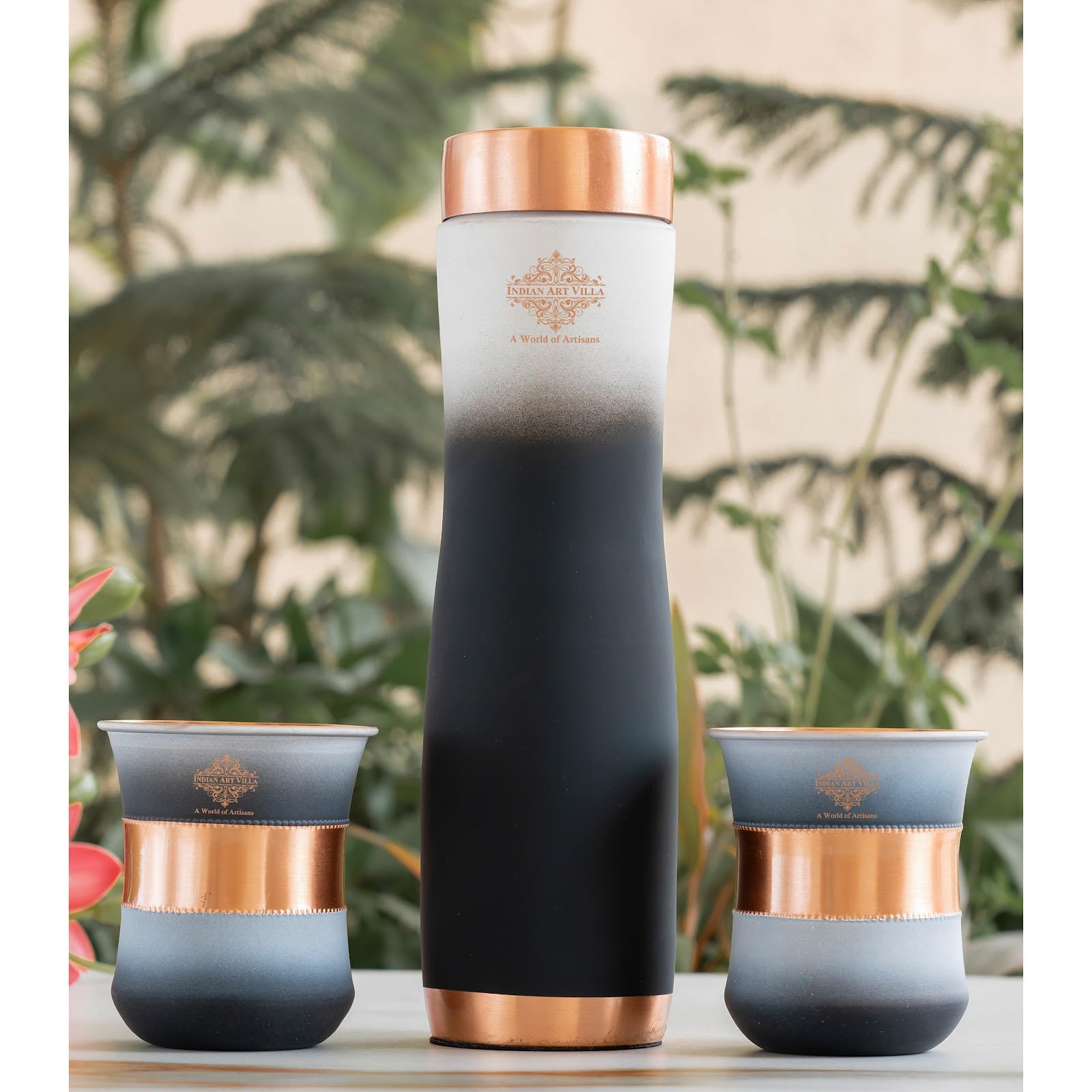 INDIAN ART VILLA Copper Bottle & Glass Gift Set - 950 ml Water Bottle & 2 Glasses (300 ml Each) - Pure Copper with Black & White Ombre Silk Finish, Perfect for Gifting & Everyday Use