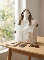 BROGBUS Canvas Tote Bag for Women Office Use, College Girls with Compartment, Cream