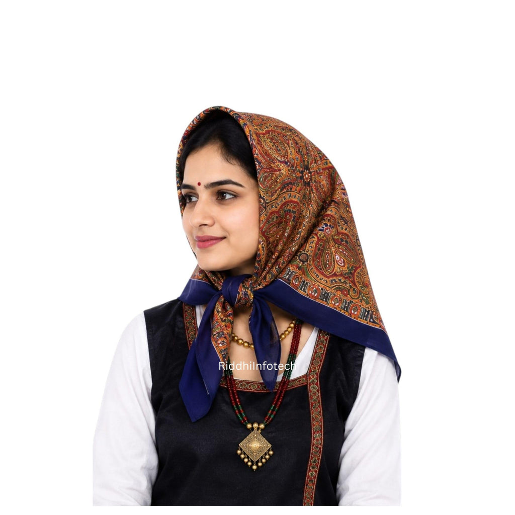 RiddhiInfotech Uttarakhand Pahadi Printed Square Scarf for Women | 26 x 26 Inch Traditional Head Scarf | Vintage Hair Wrap, Bandana, Neck Scarf & Stylish Fashion Accessory | Multicolour