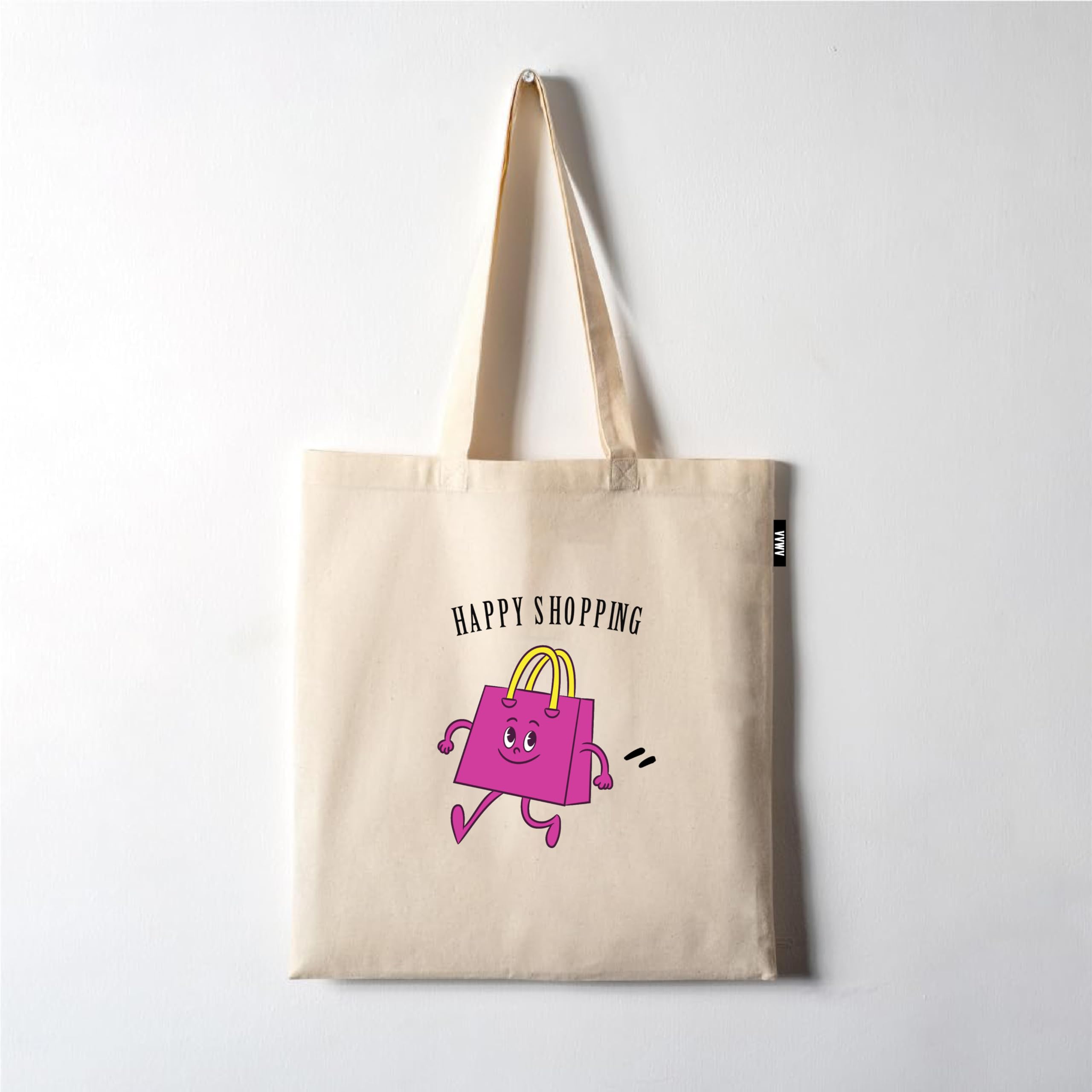 VVWV Happy Shopping Funny Printed Reusable Tote Bags | 100% Organic Cotton Shopping/Grocery Bag | Multi-Purpose Bag | Sturdy Canvas Bag with 15kgs Capacity (13 x 15.7 Inch)