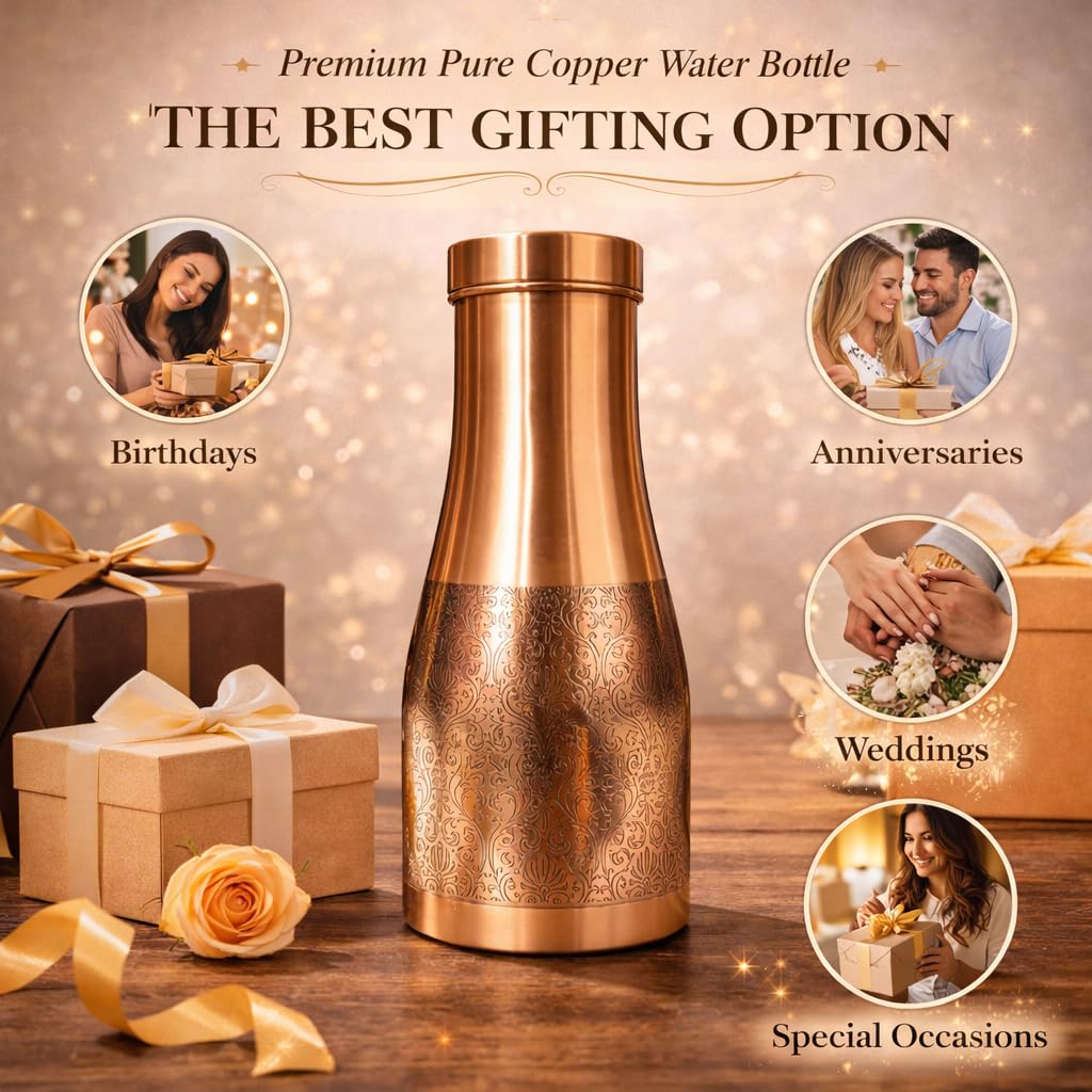 JAIPUR ACE Premium Pure Copper Water Bottle Designer Engraved Leak Proof Ayurvedic Drinking Bottle for Health Benefits Stylish Kitchen Office Use Ideal Gift for Weddings and Occasions(Royal Etching)
