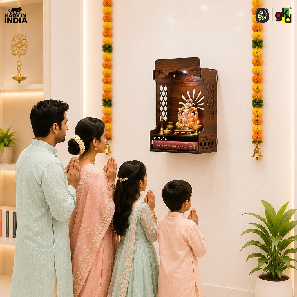 Gift Kya De Wooden Temple for Home | Premium Design Pooja Mandir for Home, Office, Shop with Storage, Can be Used as Pooja Stand for Wall Mounted with LED Spot Light (DIY)(16x10 inch)