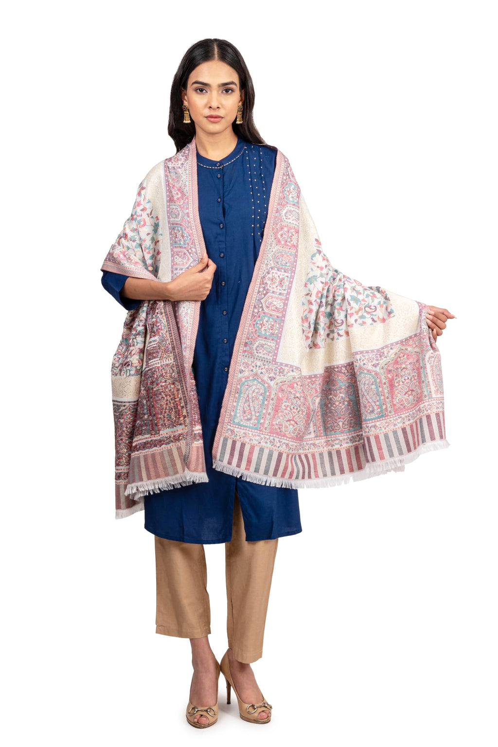 Naureen Women Faux Pashmina Kani Shawl with Mughal Artwork and Zari Accents, Warm and Soft, 40x80 inch