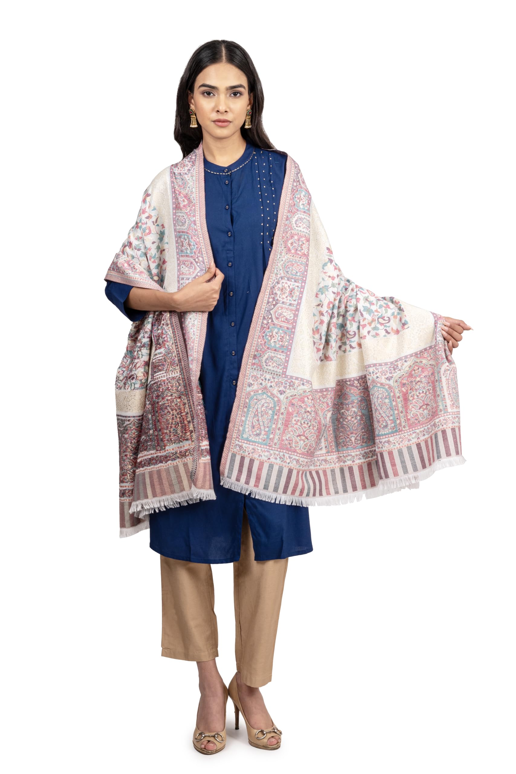 Naureen Women Faux Pashmina Kani Shawl with Mughal Artwork and Zari Accents, Warm and Soft, 40x80 inch