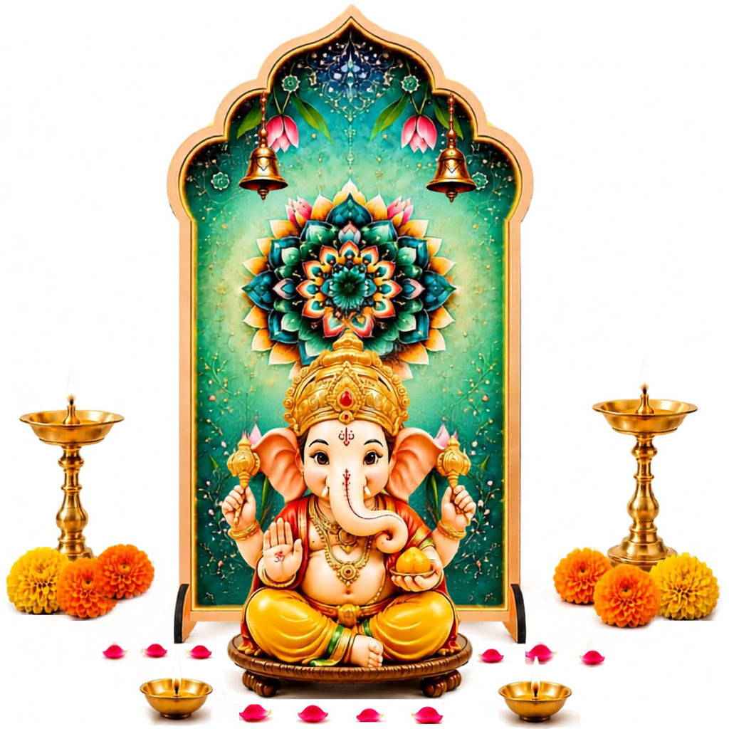 Ganpati Decoration Setup for Home, Premium MDF Ganesh Chaturthi Backdrop Stand, 1 Panel Traditional Mandap Decor for Pooja, Aarti, Festival & Housewarming, Suitable for up to 12 Inches Ganpati.