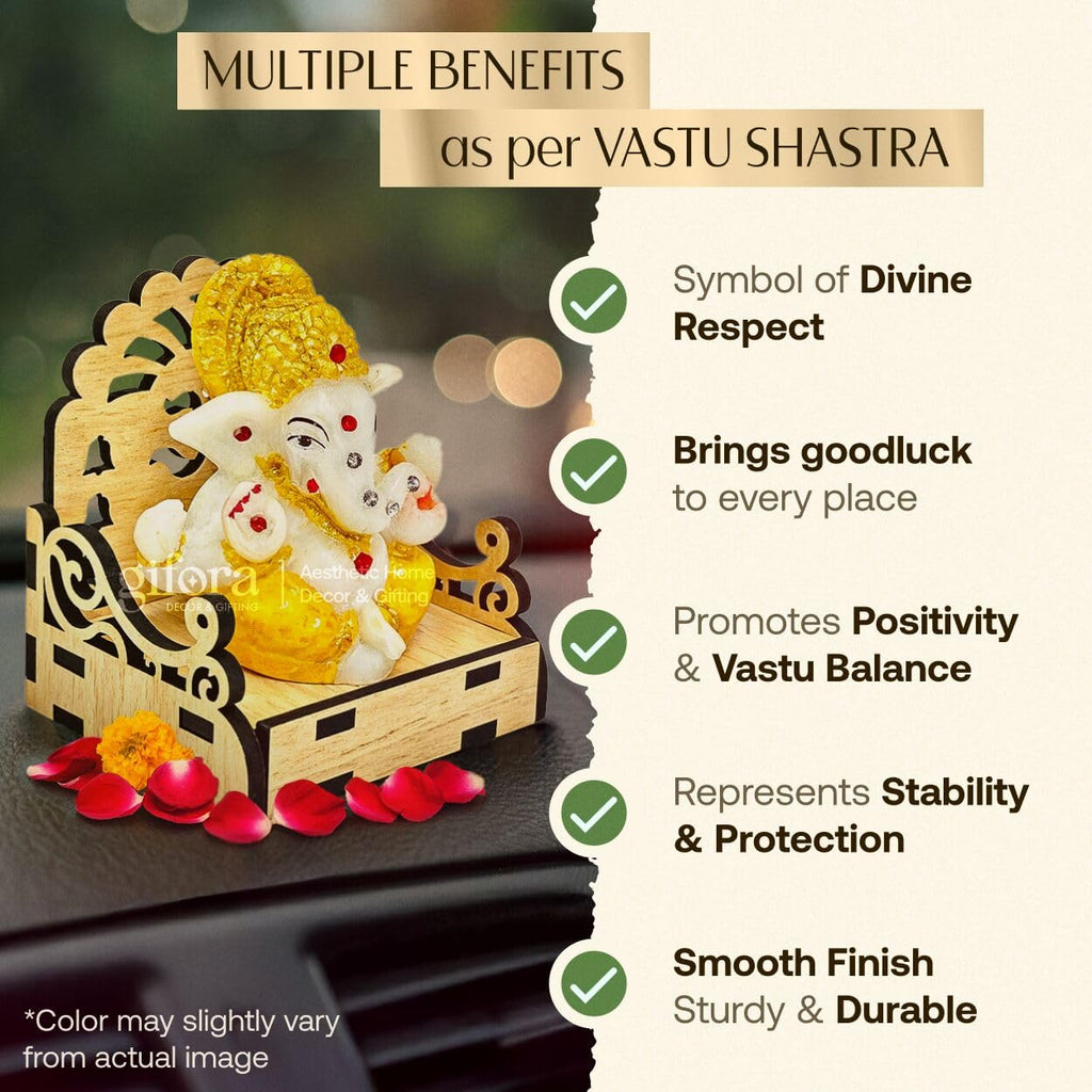 Gifora Mini Wooden Singhasan with Ganesh Idol for Car Dashboard, Small Temple Throne for Home & Office Desk, Ganpati Idol for Gift, Pooja Singhasan for Housewarming & Festive Decor (D2)